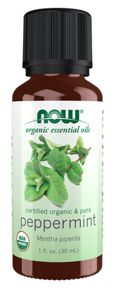NOW Organic Essential Oils peppermint bottle with mint leaves