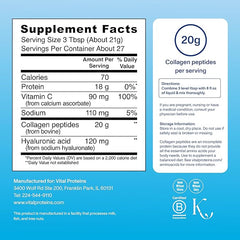 Vital Proteins unflavored collagen peptides powder supplement facts and nutrition label image