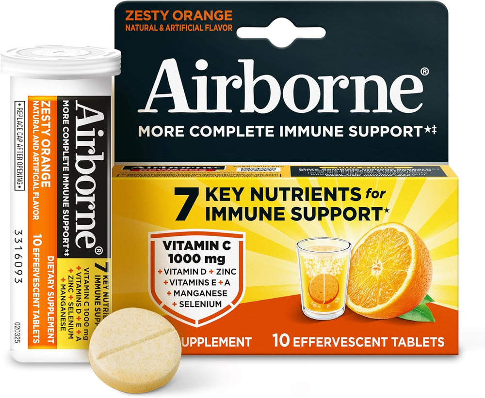 Airborne More Complete Immune Support zesty orange 10 effervescent tablets bottle and box