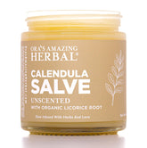 Calendula Salve jar with natural herbs, castor oil, licorice root and beeswax