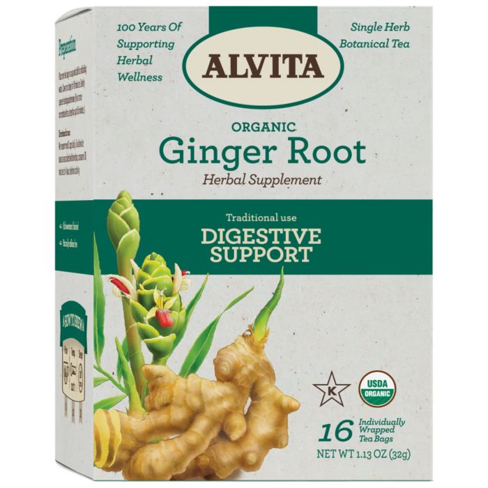 Herbal tea steeped in a glass mug – Alvita Organic Ginger Root for digestive comfort