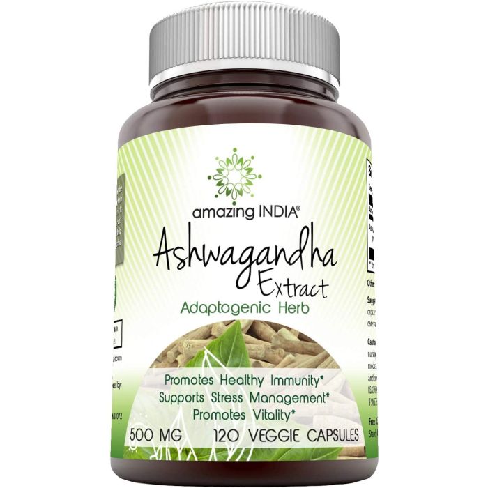 Amazing India Ashwagandha Extract 500mg 120 Capsules Adaptogenic Herbs