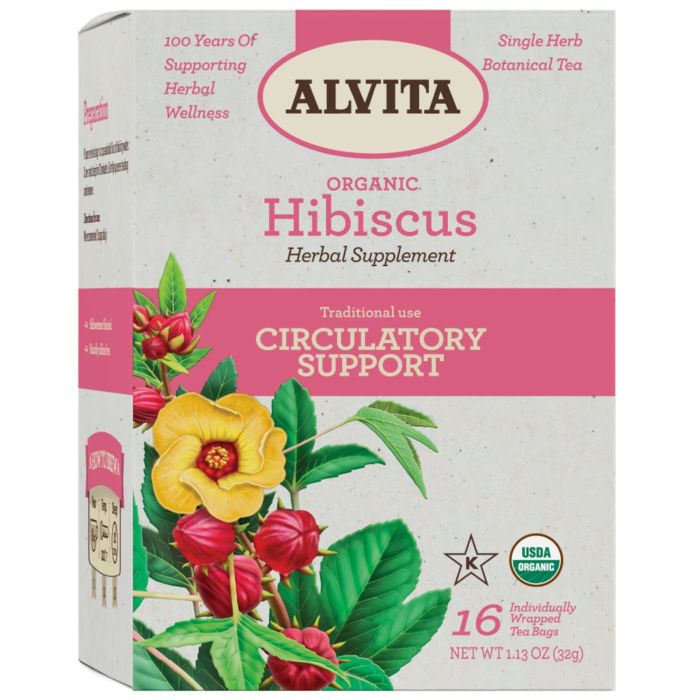 "Back of Alvita Organic Hibiscus Tea box – USDA Organic, caffeine-free, Non-GMO verified"