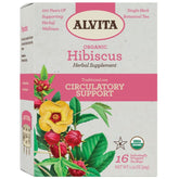 "Back of Alvita Organic Hibiscus Tea box – USDA Organic, caffeine-free, Non-GMO verified"