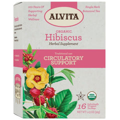 "Back of Alvita Organic Hibiscus Tea box – USDA Organic, caffeine-free, Non-GMO verified"