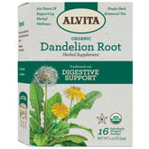 "Front label of Alvita Dandelion Root Tea showing organic and caffeine-free claims"