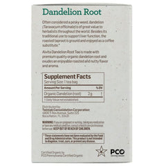 "Front label of Alvita Dandelion Root Tea showing organic and caffeine-free claims"