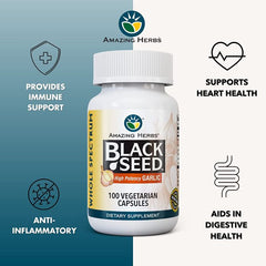 "Front label of Black Seed + High Potency Garlic – herbal daily defense formula"