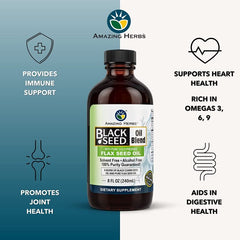 "Glass bottle of dual-action black cumin and flaxseed oil supplement"