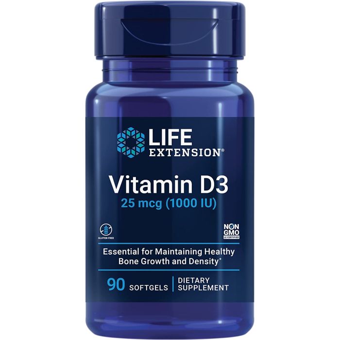 Life Extension Vitamin D3 25 mcg 1000 IU Softgels Bone Growth Support