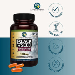 "Amazing Herbs Black Seed Oil 1250mg bottle front view – immune support and antioxidant health, 60 softgels"