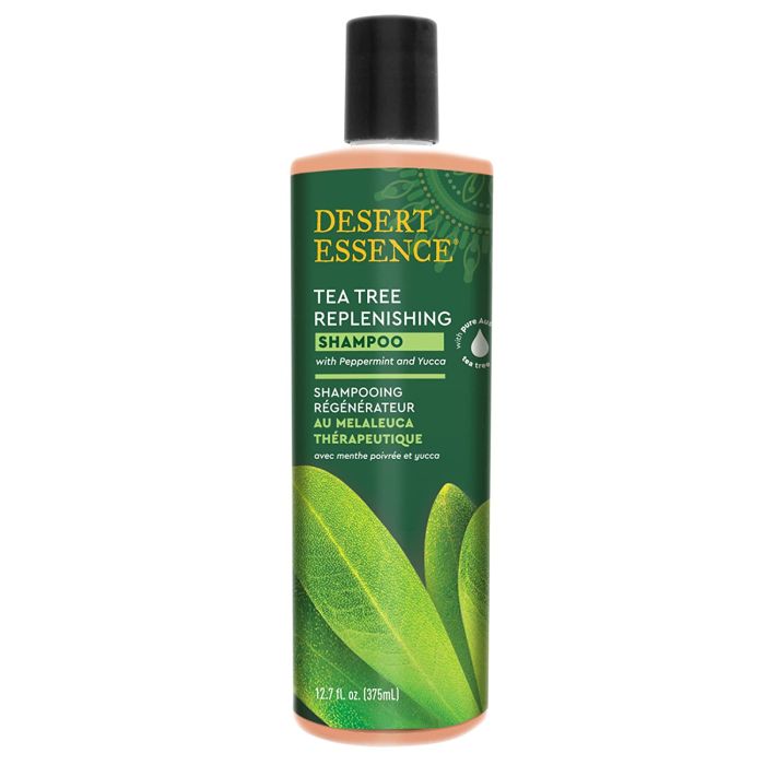 "Desert Essence Tea Tree Replenishing Shampoo – 12 oz bottle with natural tea tree formula"