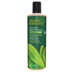 "Desert Essence Tea Tree Replenishing Shampoo – 12 oz bottle with natural tea tree formula"