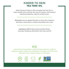 "Front label of Desert Essence Kinder to Skin Tea Tree Oil – vegan, cruelty-free, paraben-free skincare"