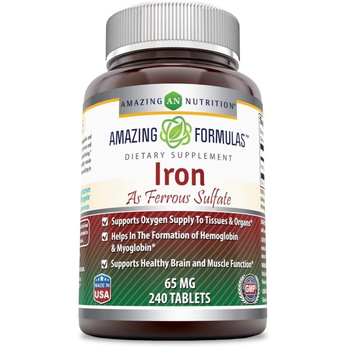 Supplement Facts label of Amazing Formulas Iron Ferrous Sulfate 65mg
