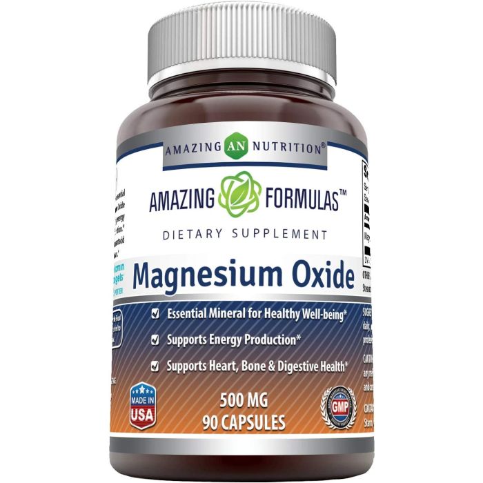Front of Amazing Formulas Magnesium Oxide 500mg bottle – gluten-free, non-GMO, 90 capsules
