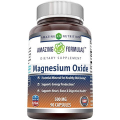 Front of Amazing Formulas Magnesium Oxide 500mg bottle – gluten-free, non-GMO, 90 capsules