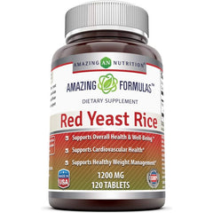 Close-up of Amazing Formulas Red Yeast Rice 1200mg tablets – 120 tablets for daily health.