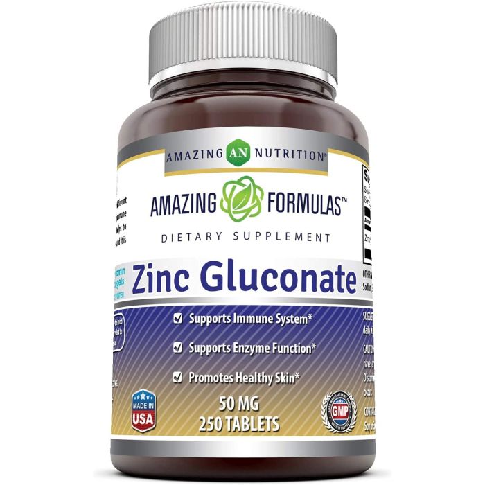 Front label of Amazing Formulas Zinc Gluconate 50mg 250 Tablets, gluten-free, Non-GMO