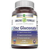 Front label of Amazing Formulas Zinc Gluconate 50mg 250 Tablets, gluten-free, Non-GMO