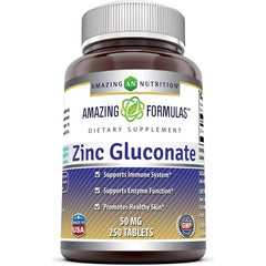 Front label of Amazing Formulas Zinc Gluconate 50mg 250 Tablets, gluten-free, Non-GMO