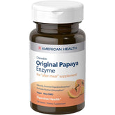 Non-GMO, vegetarian, and gluten-free labels on Papaya Enzyme Chewable Tablets bottle