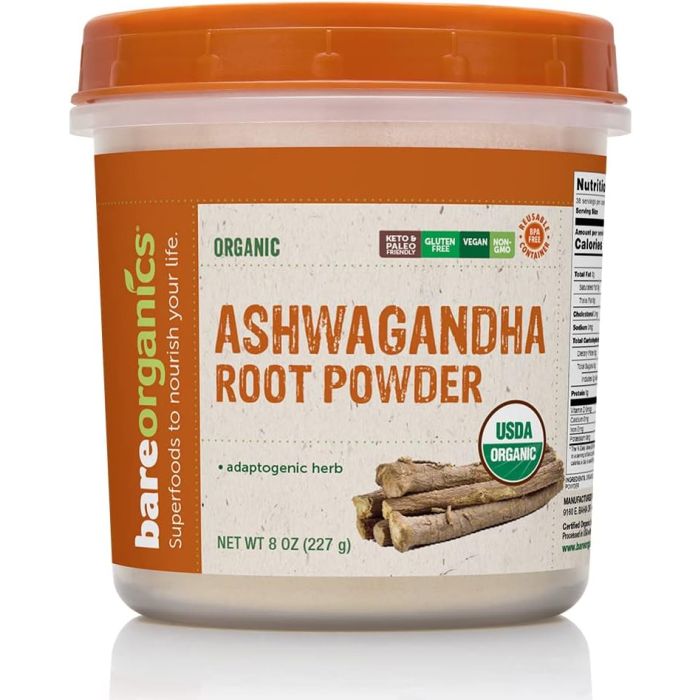 BareOrganics Ashwagandha Root Powder 8 oz organic herbal supplement
