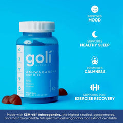 Bottle of Goli Ashwagandha Gummies – Supports energy levels and helps manage stress with 150 mg Ashwagandha.