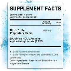L-Arginine 3000 Nitric Oxide Booster label – contains L-Arginine, Citrulline, and Green Tea Extract for enhanced workout performance.