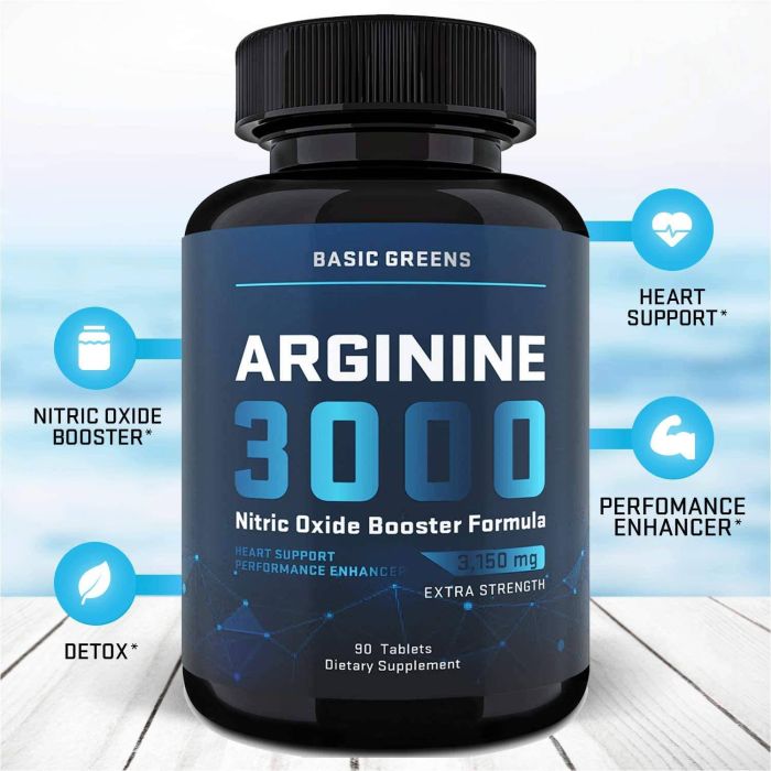 Ingredients of Basic Greens L-Arginine 3000 – natural nitric oxide boosters for improved blood flow and muscle performance.