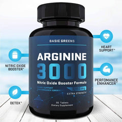 Ingredients of Basic Greens L-Arginine 3000 – natural nitric oxide boosters for improved blood flow and muscle performance.