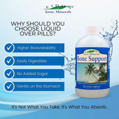 "Open bottle of Eidon Bone Support – liquid mineral formula for bone strength and flexibility"