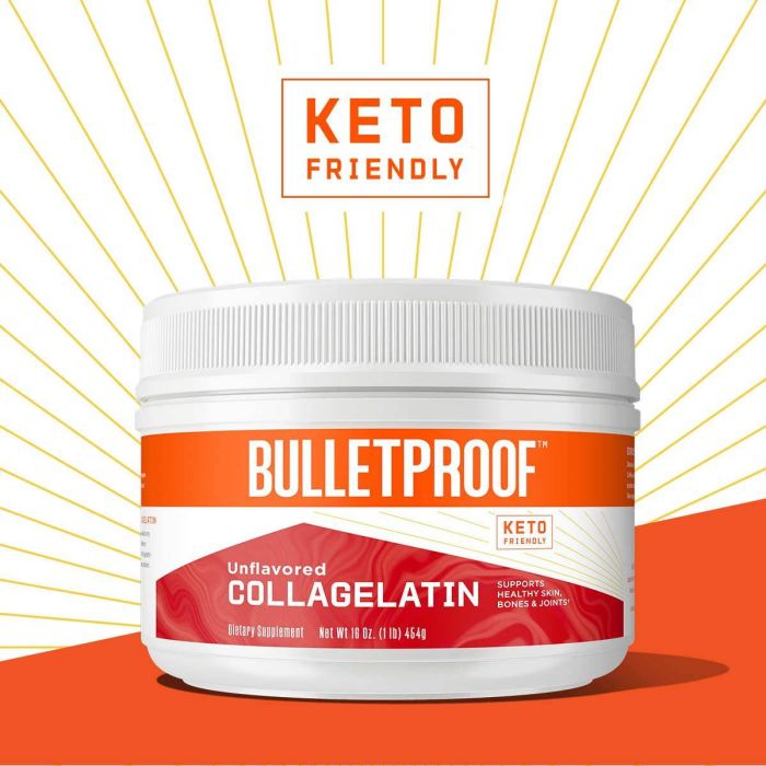 Unflavored Collagelatin tub beside coffee mug for collagen boost