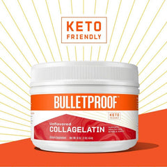 Unflavored Collagelatin tub beside coffee mug for collagen boost