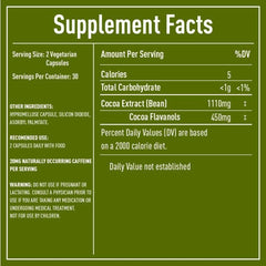 Supplement facts for Cocoa Via Heart and Brain – featuring 200 mg Cocoa Extract and essential vitamins for energy and focus.