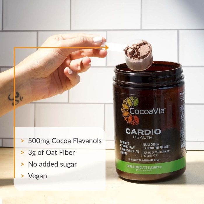 CocoaVia Cardio Health ingredients – organic cocoa powder, stevia, and natural dark chocolate flavor for heart health.