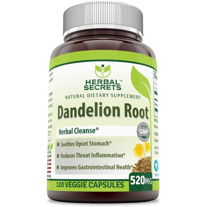 Supplement Facts panel of Herbal Secrets Dandelion Root 520 mg – dosage and ingredient breakdown