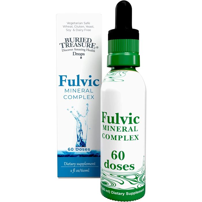 Supplement Facts label for Buried Treasure Fulvic Minerals Complex Drops, vegan and non-GMO