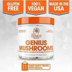 Supplement facts for Genius Mushroom Immune System Booster – featuring Reishi, Shiitake, Maitake, and Vitamin D for immune support.