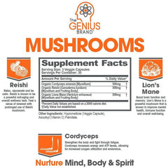 Genius Mushroom Immune Booster label – Reishi, Shiitake, and Maitake mushrooms with Vitamin D for enhanced immune function.