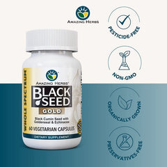 "Supplement facts label for Black Seed Gold – with goldenseal and echinacea"