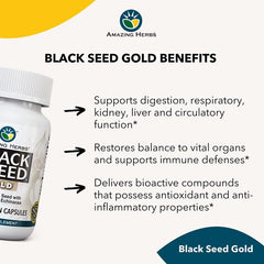 "Amazing Herbs Black Seed Gold bottle – 60 veggie capsules immune and respiratory support"