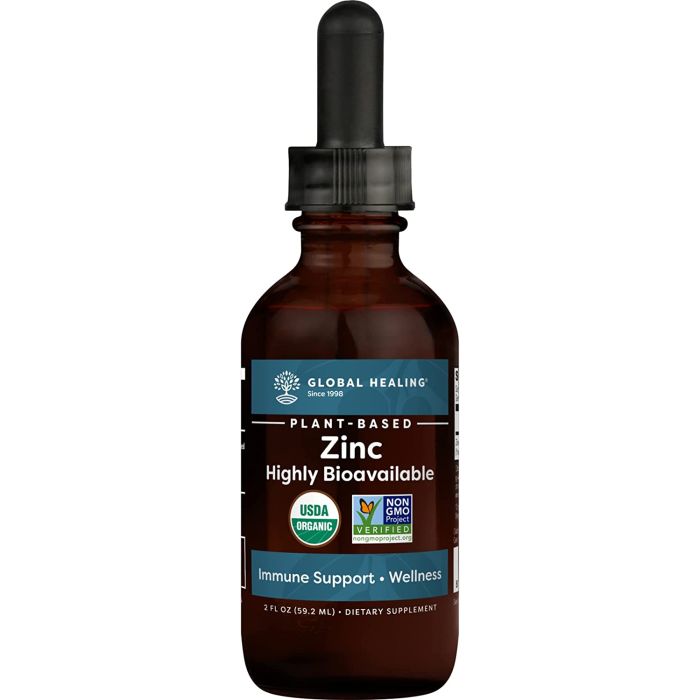 "Global Healing Plant-Based Liquid Zinc packaging – plant-based, non-GMO, USDA organic, easy-absorb liquid"