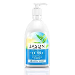 Front label of Jason Purifying Tea Tree Hand Soap with eco-friendly, sulfate-free design