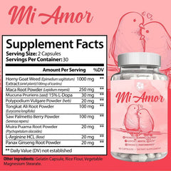 "Supplement Facts label for Mi Amor Performance Enhancer – includes Maca, Tongkat Ali, and Tribulus"