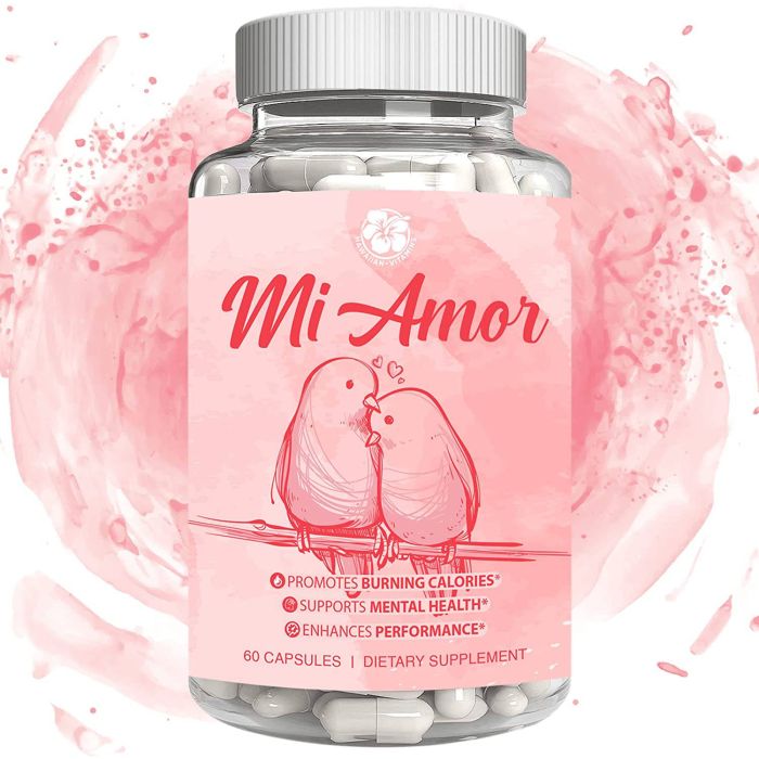 "Back view of Mi Amor supplement bottle – ingredient list and directions"