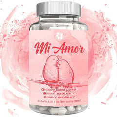 "Back view of Mi Amor supplement bottle – ingredient list and directions"
