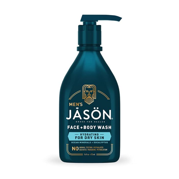 Back label showing ingredients and certifications on Jason Men Hydrating Wash