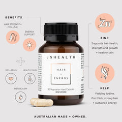 "JSHealth Hair + Energy Capsules – gluten-free, vegetarian supplement for vibrant hair and increased energy"