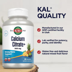 Supplement Facts label for KAL Calcium Citrate 500mg Chewables – vegetarian formula